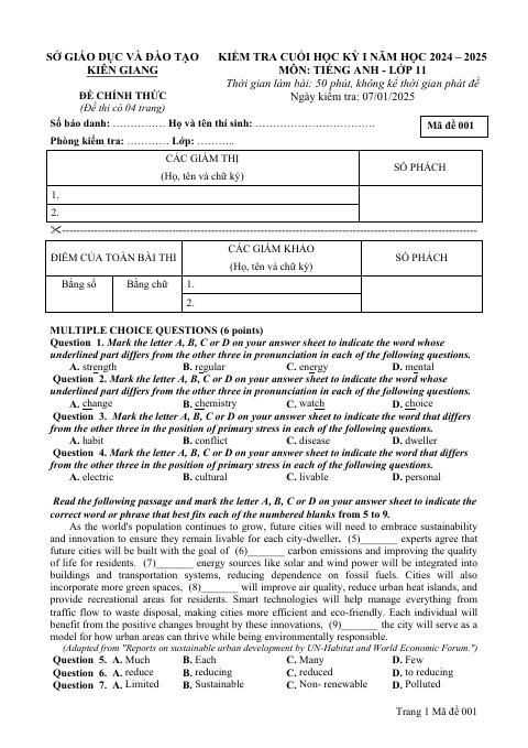 Đề thi Học kì 1 Tiếng Anh 11 năm 2024-2025 Sở Kiên Giang